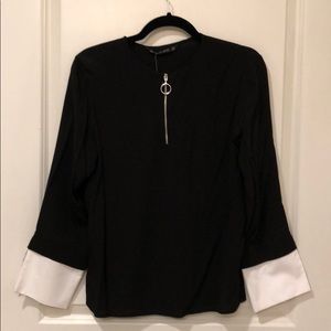 Zara Basic Black Shirt w/ zipper and white cuffs